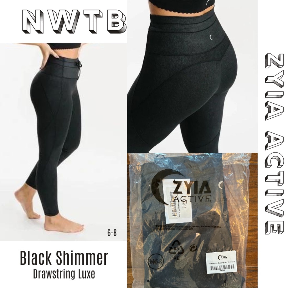 NWTB ZYIA ACTIVE Black Shimmer Drawstring Luxe 7/8 24" size 6-8